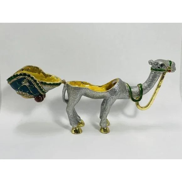Crystal Bejeweled Camel Heavy Latching Trinket Box Silver Gold Emerald Colored - Picture 2 of 16
